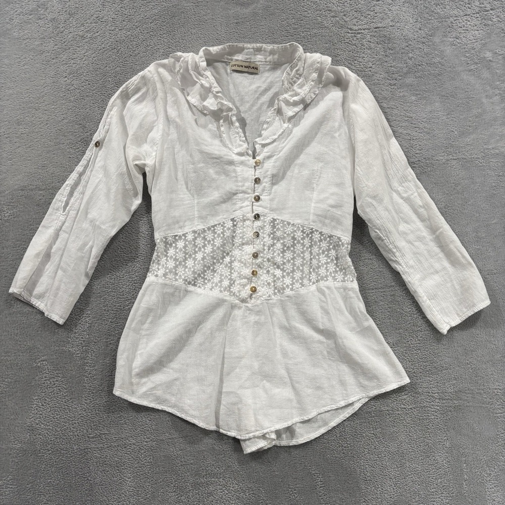 Cotton Natural Button Shirt Top Women M White Lace Long Sleeve Ruffle Boho